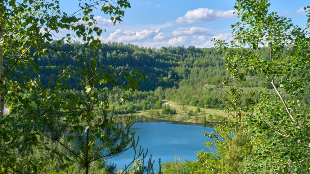 Carrière Simon Blick in eine bewaldete Grube in der ein See liegt